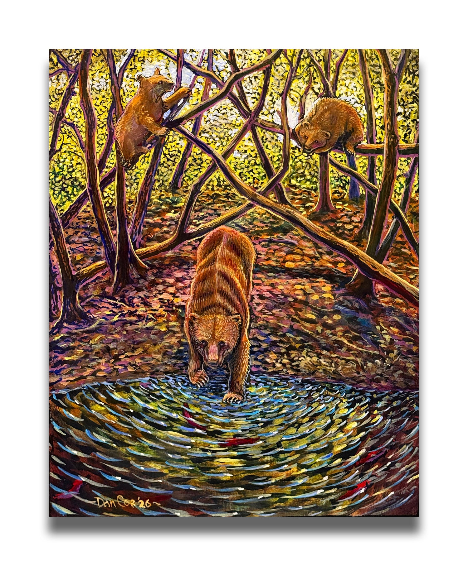 two small people standing on a bridge overlooking a river